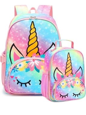 New Girls Unicorn Backpack and Lunch Bag Set - Pink Rainbow